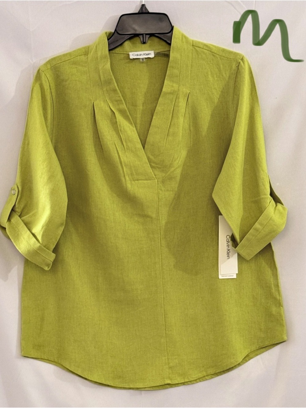 Calvin Klein Chartreuse Split-Neck Roll-Tab Sleeve Blouse